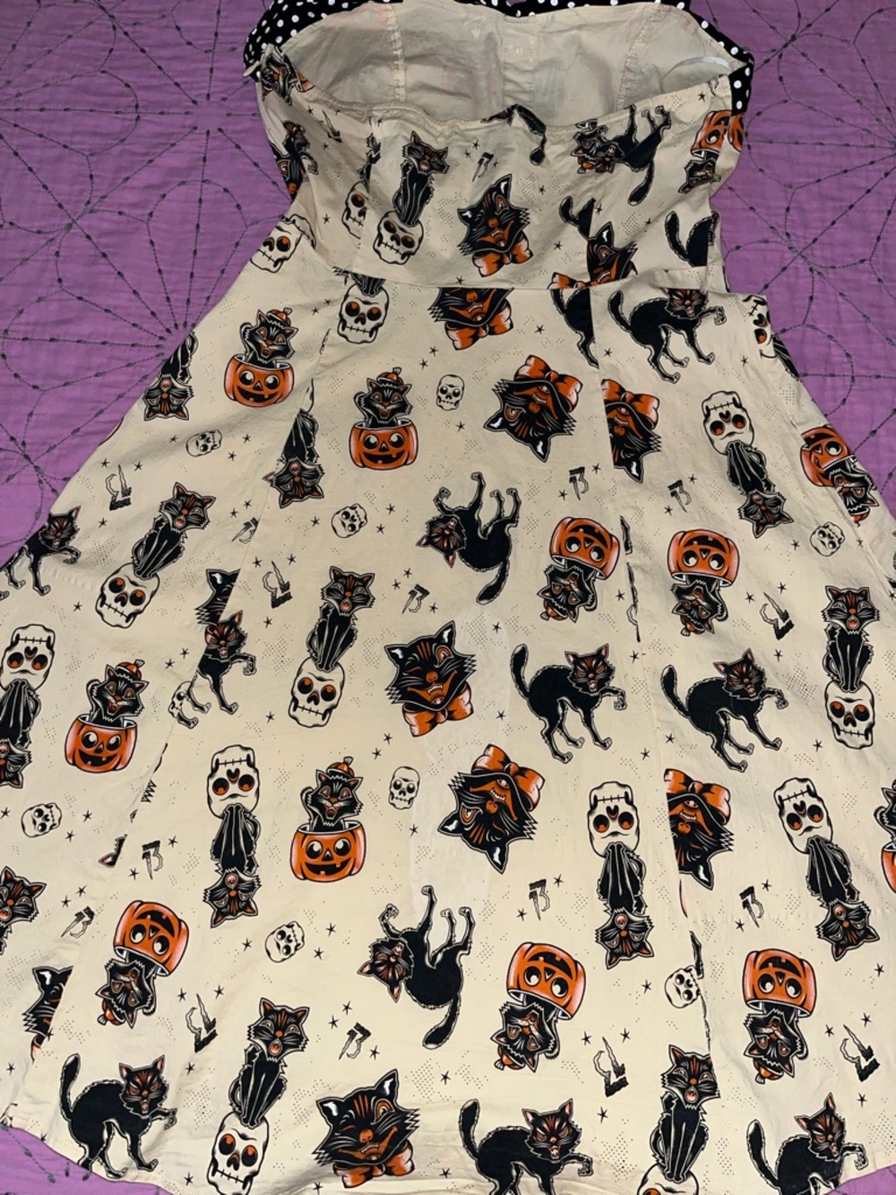 Vintage-Inspired Sourpuss Halloween Print Halter Dress in Cream, Orange & Black - Picture 13 of 16